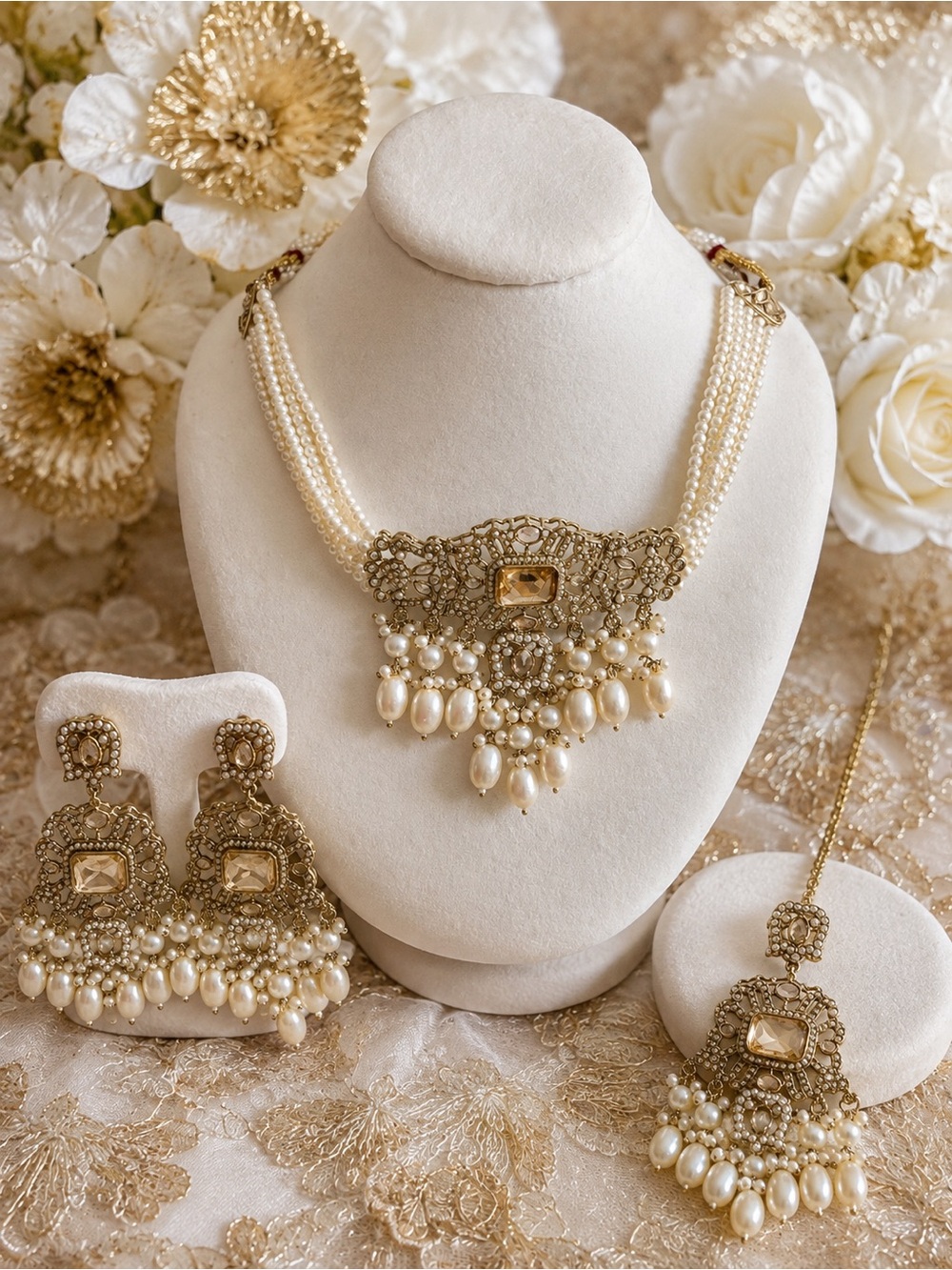 Ivory Pearl and Gold-Tone Bridal Necklace Set with Earrings and Tikka